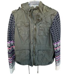 Aeropostale Mixed Media Jacket Womens Large Full Zip Military Utility Green Hood
